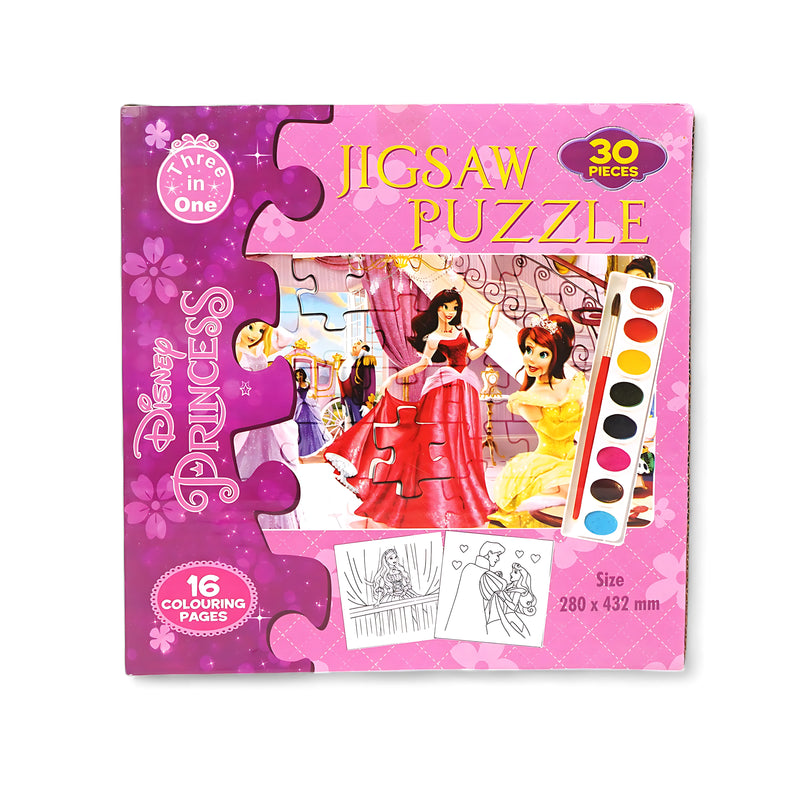Disney Princess 3-in-1 Jigsaw Puzzle with 30 pieces, watercolor set, and coloring pages for kids

