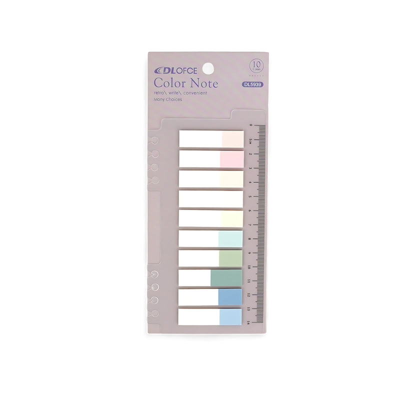 DloFCE Color Note Sticky Tabs set featuring 10 pastel colors and an integrated ruler, designed for easy note-taking and organization.

