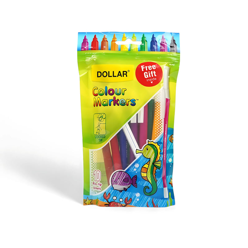 Dollar Colour Markers 10-pack in a colourful pouch featuring locked tips and a free gift.

