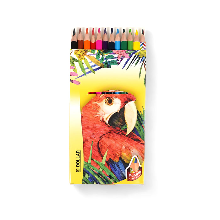 Dollar Colour Pencils Parrot Edition – 12 vibrant colours with tall and fat variants for children and artists.

