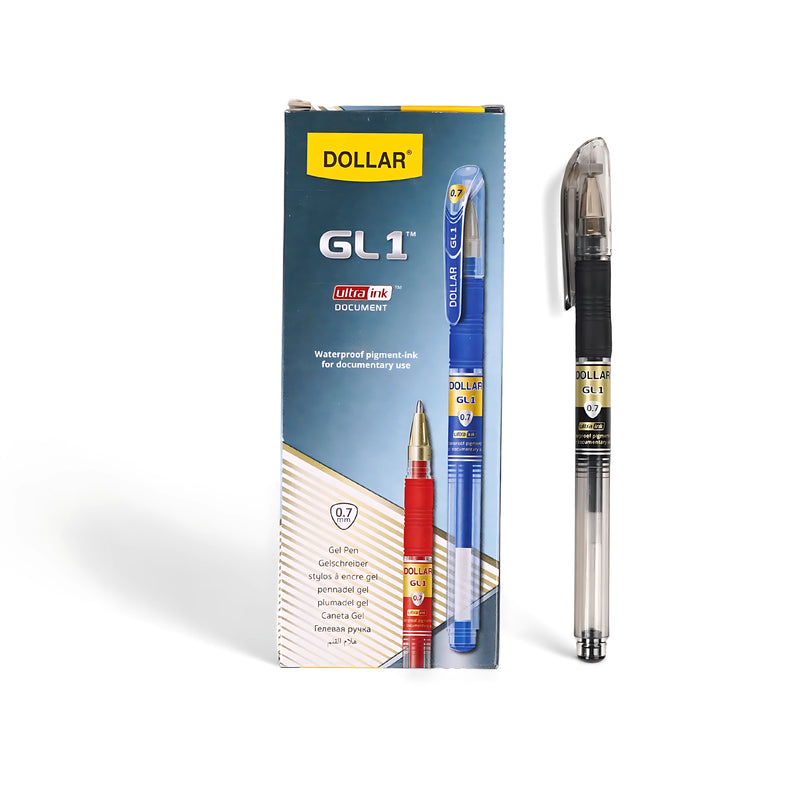 Dollar GL-1 Gel Pen with 0.7mm fine tip and waterproof black ink for smooth, precise writing.

