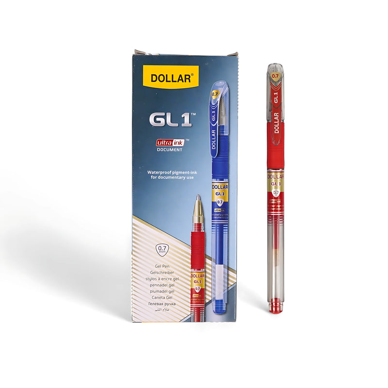 Dollar GL-1 Gel Pen with 0.7mm tip and vibrant red ink for smooth and waterproof writing.

