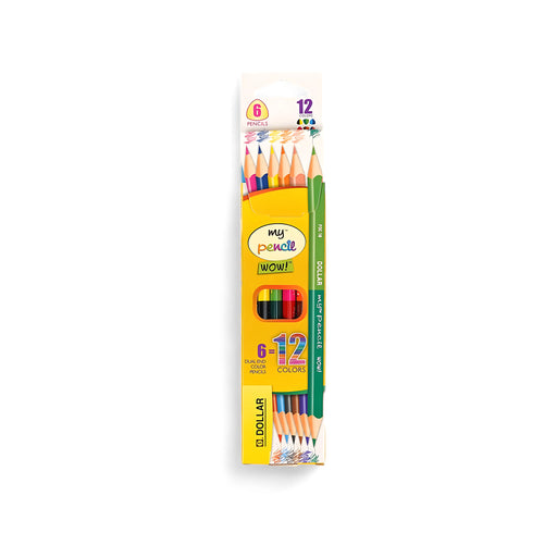 Dollar My Pencil WOW! Dual-End Pencils – 6 Pack with 12 vibrant colors, showcased in bright yellow packaging.

