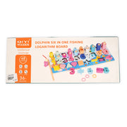 Dolphin Six-in-One Wooden Fishing and Logarithm Board educational toy with colorful numbers, shapes, counting rings, and a magnetic fishing rod for kids aged 36+ months.