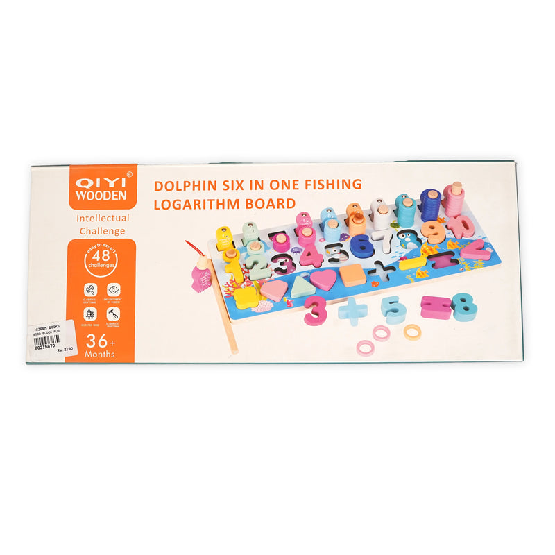 Dolphin Six-in-One Wooden Fishing and Logarithm Board educational toy with colorful numbers, shapes, counting rings, and a magnetic fishing rod for kids aged 36+ months.
