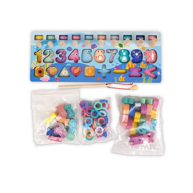 Dolphin Six-in-One Wooden Fishing and Logarithm Board educational toy with colorful numbers, shapes, counting rings, and a magnetic fishing rod for kids aged 36+ months. mg2