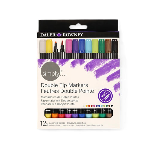 Daler Rowney Double Tip Markers Set featuring 12 assorted colors, ideal for versatile drawing and coloring applications.


