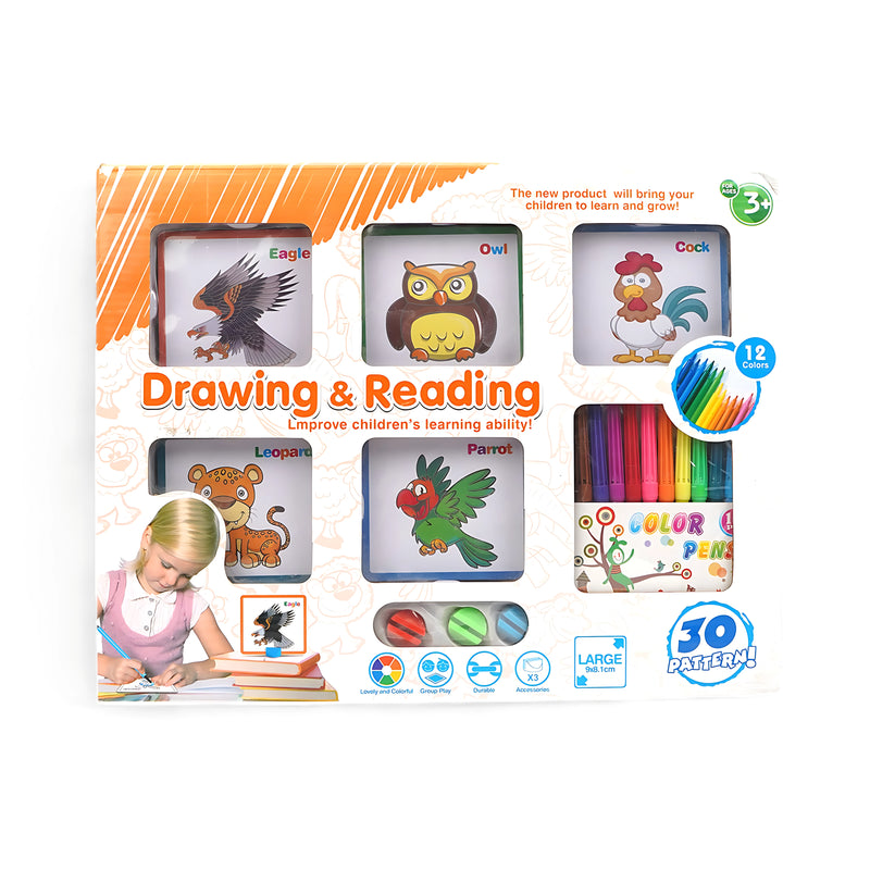 Drawing & Reading Kit for Kids - 30 Patterns and 12 Color Pens to Improve Learning and Creativity (Age 3+)


