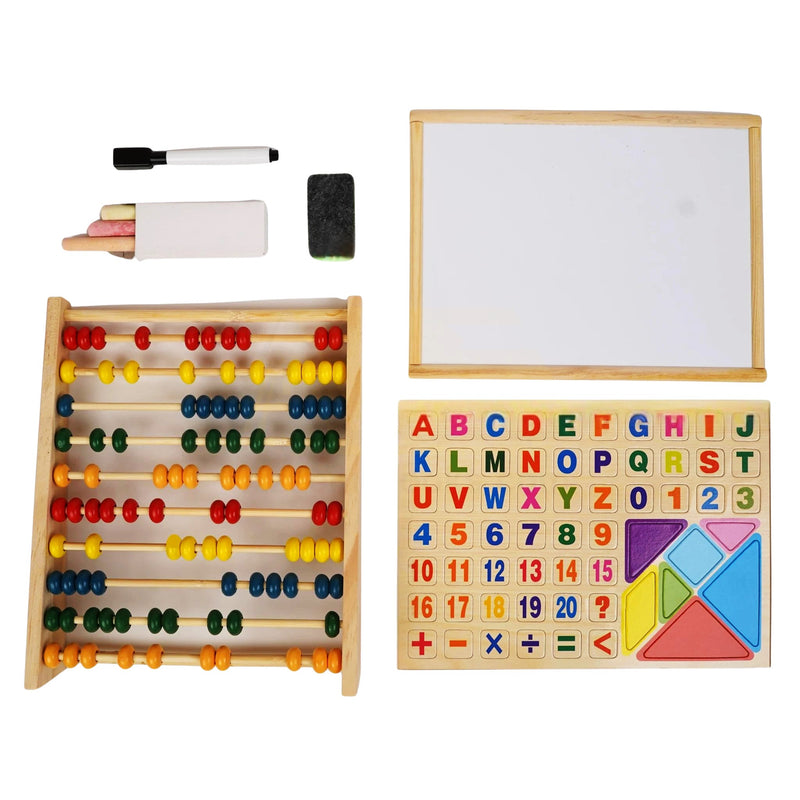 Educational Wooden Learning Set for Kids – Abacus, Alphabet Puzzle, and Whiteboard with Marker & Chalk