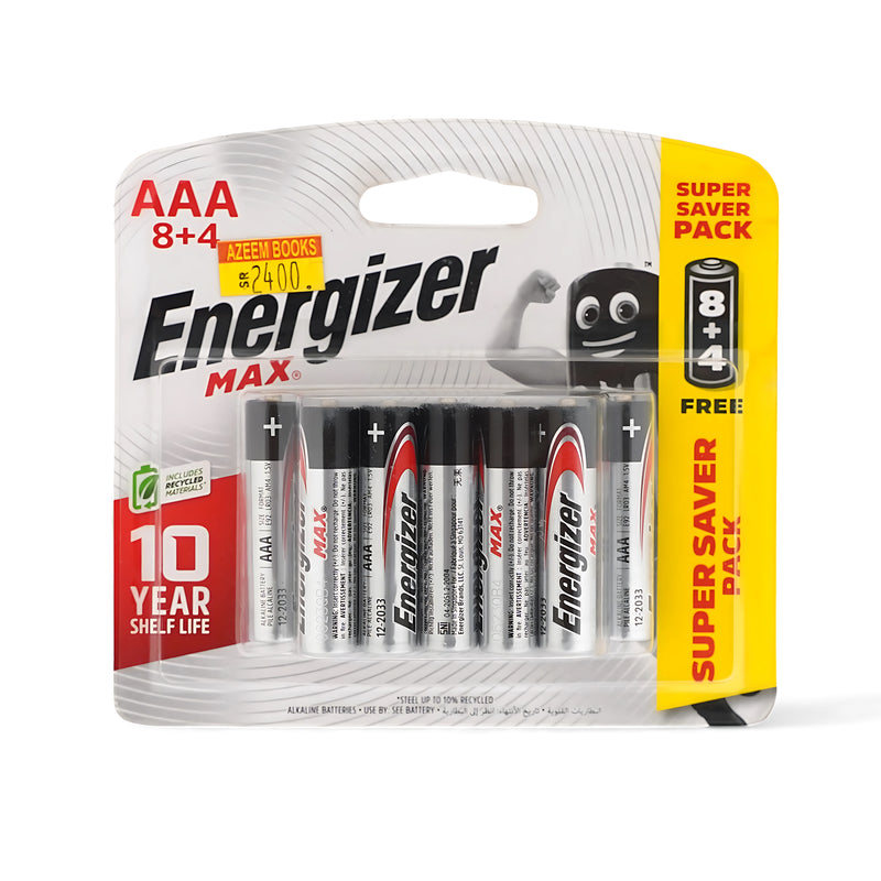 Energizer Max AAA Batteries - 12-Pack (8+4 Free) with 10-Year Shelf Life