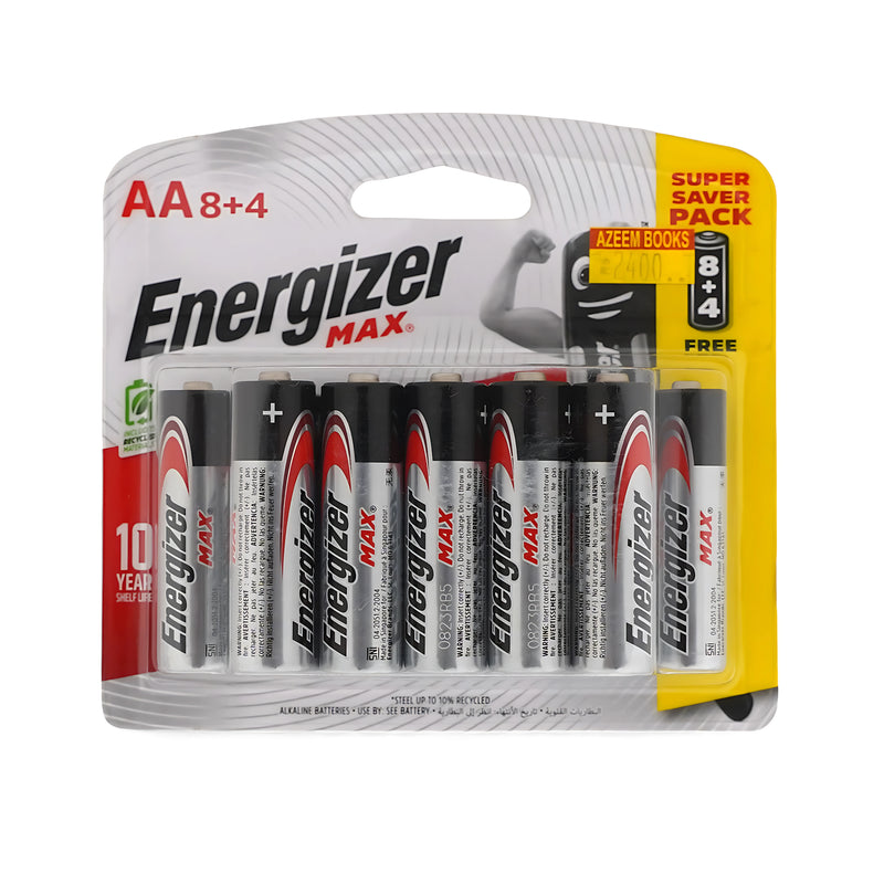 Energizer Max AA Batteries - 12-Pack (8+4 Free) with 10-Year Shelf Life