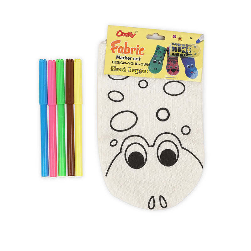 Fabric Hand Puppet Coloring Kit for Kids with a dinosaur design and 5 colorful fabric markers.

