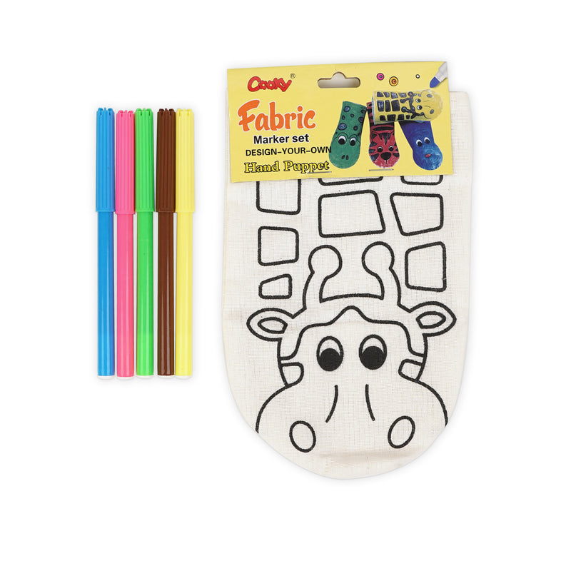 Fabric Hand Puppet Coloring Kit for Kids with a giraffe design and 5 colorful fabric markers.

