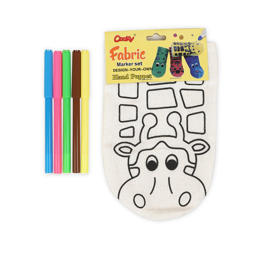 Fabric Hand Puppet Coloring Kit for Kids with a giraffe design and 5 colorful fabric markers.

