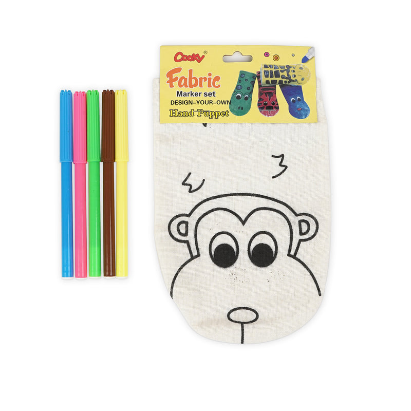 Fabric Hand Puppet Coloring Kit for Kids with a monkey design and 5 colorful fabric markers.

