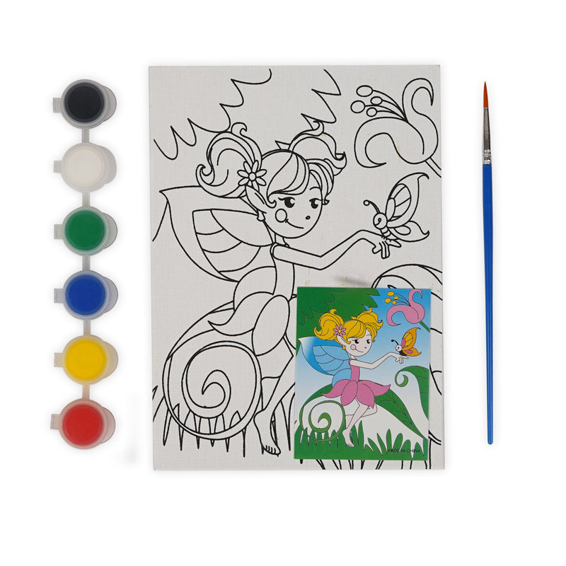 Fairy Canvas Painting Kit for Kids with a fairy and butterfly scene, includes canvas, 5 paints, brush, and color guide.