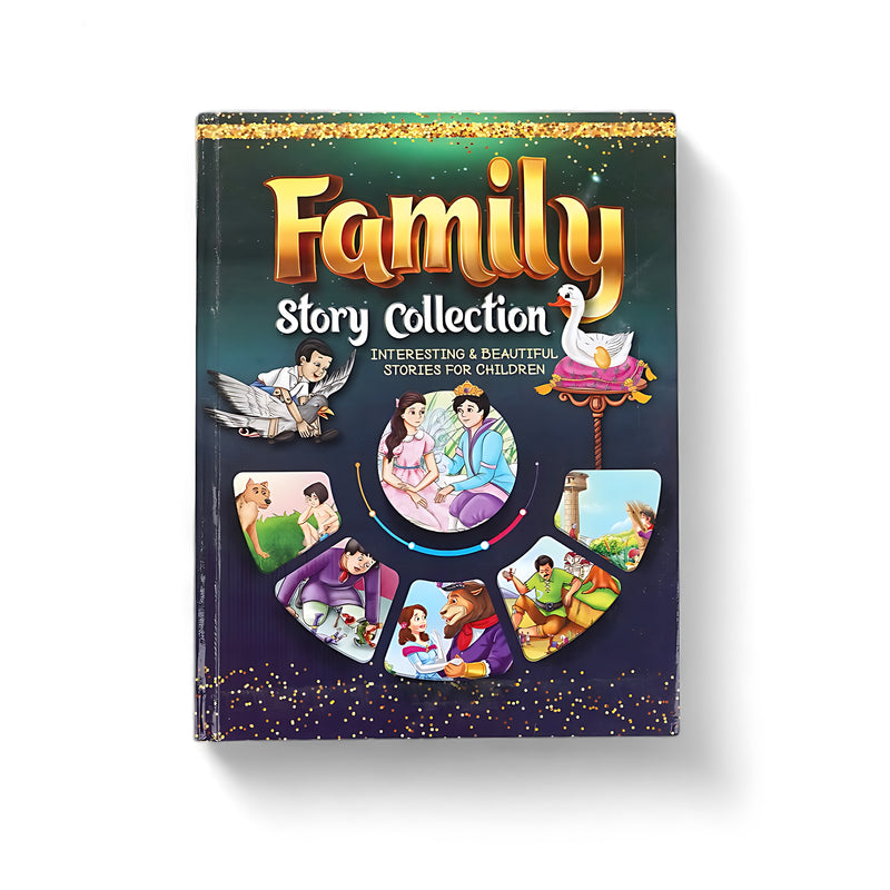 Cover of Family Story Collection featuring colorful illustrations of fairy tale characters, including princesses, animals, and magical scenes.

