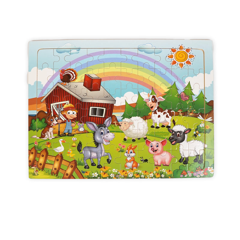 Farm animal wooden jigsaw puzzle featuring a colorful farmyard scene with animals like cows, sheep, pigs, and donkeys, designed to help kids learn about animals while improving problem-solving skills.