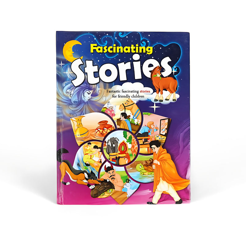 Cover of Fascinating Stories book, featuring vibrant illustrations of animals and characters involved in different adventures and moral stories.

