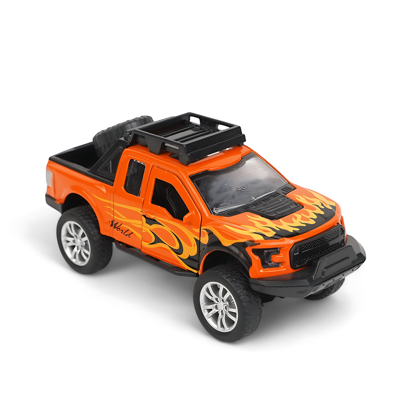 Fiery Orange Pickup Truck Diecast Model - Bold Off-Road Miniature with Flame Decals and Realistic Details