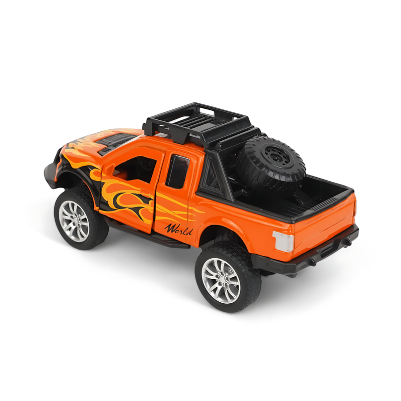 Fiery Orange Pickup Truck Diecast Model - Bold Off-Road Miniature with Flame Decals and Realistic Details