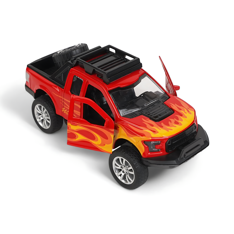 Fiery Red Pickup Truck Diecast Model - Bold Off-Road Miniature with Flame Decals and Realistic Details