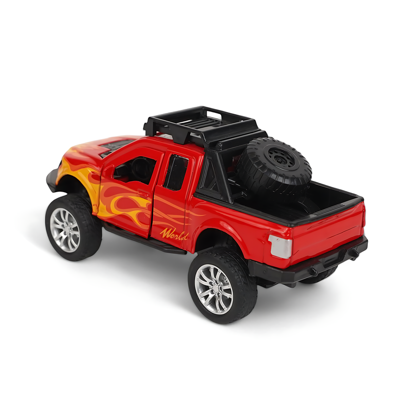 Fiery Red Pickup Truck Diecast Model - Bold Off-Road Miniature with Flame Decals and Realistic Details