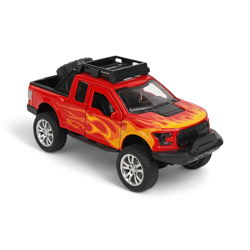Fiery Red Pickup Truck Diecast Model - Bold Off-Road Miniature with Flame Decals and Realistic Details