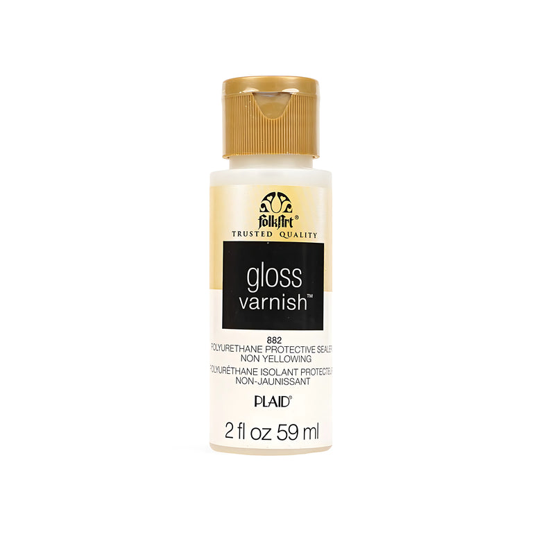 FolkArt Gloss Varnish bottle, 59 ml, provides a clear, glossy finish to protect and enhance artwork.