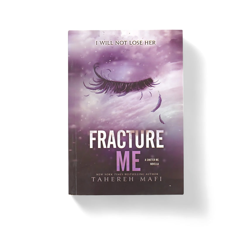 Cover of Fracture Me by Tahereh Mafi, featuring a closed eye with drifting feathers, symbolizing emotional fragility, set against a dreamy, lavender-toned background.

