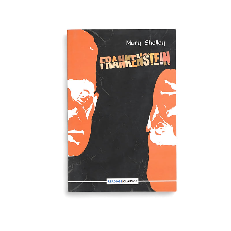 Cover of Frankenstein by Mary Shelley, featuring abstract orange and black imagery of two faces representing Victor Frankenstein and his creature, reflecting the novel’s themes of duality and responsibility.