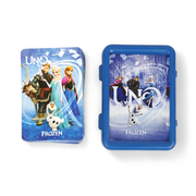 Frozen UNO Card Game featuring Elsa, Anna, Kristoff, and Olaf with colorful cards and packaging.

