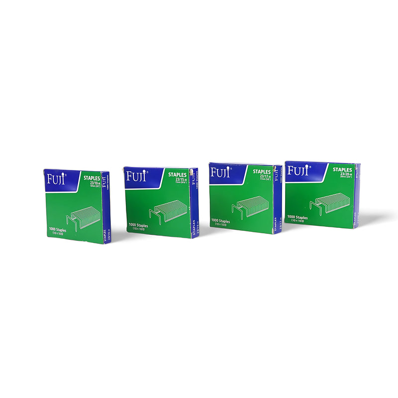 Fuji Staples Assorted Pack – 1000 staples per box with sizes 23/10, 23/15, 23/17, and 23/20 for heavy-duty stapling needs.

