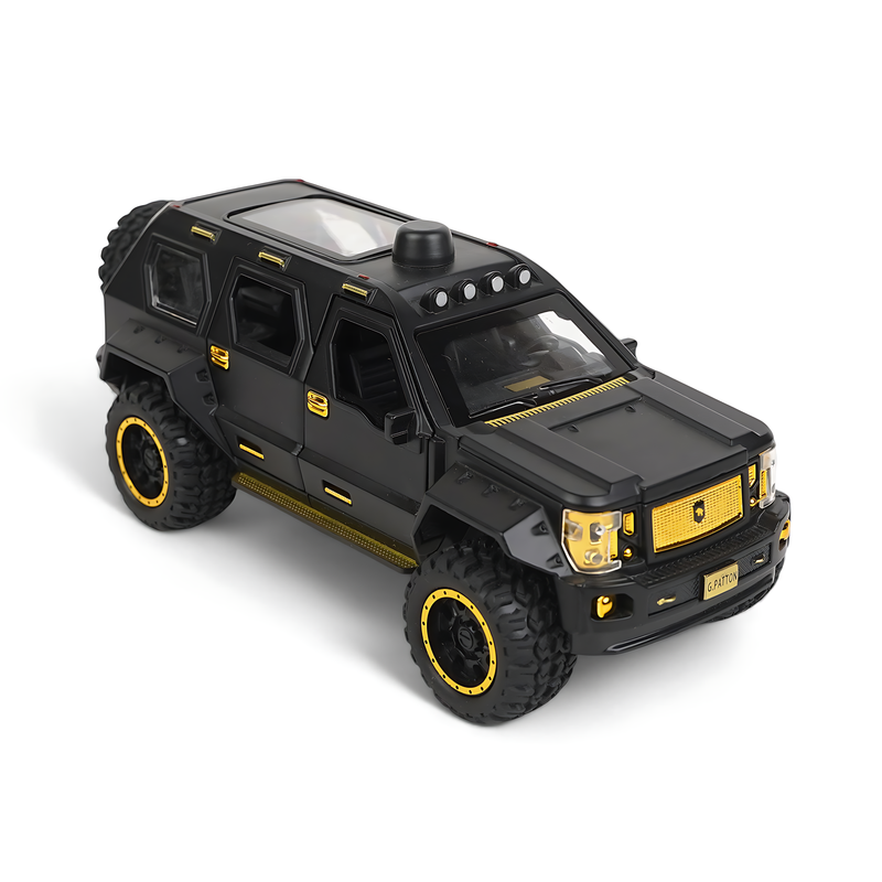 G. Patton Diecast Model - Bold Black and Gold Armored SUV Miniature with Rugged Design