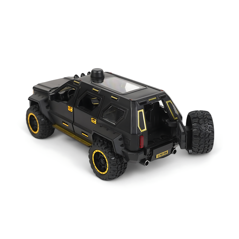 G. Patton Diecast Model - Bold Black and Gold Armored SUV Miniature with Rugged Design