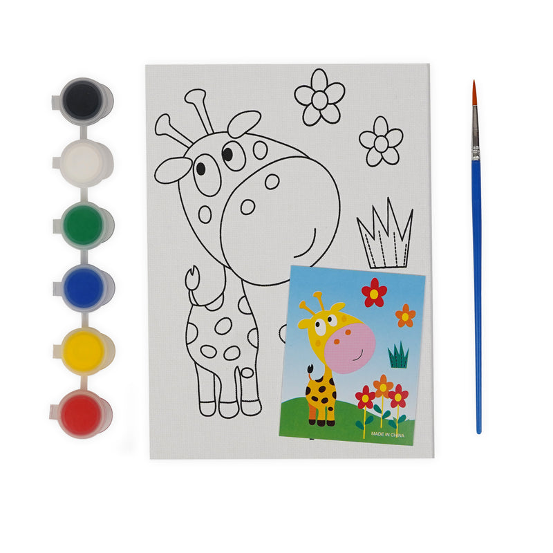Giraffe Canvas Painting Kit for Kids with a giraffe and flower scene, includes canvas, 5 paints, brush, and color guide.
