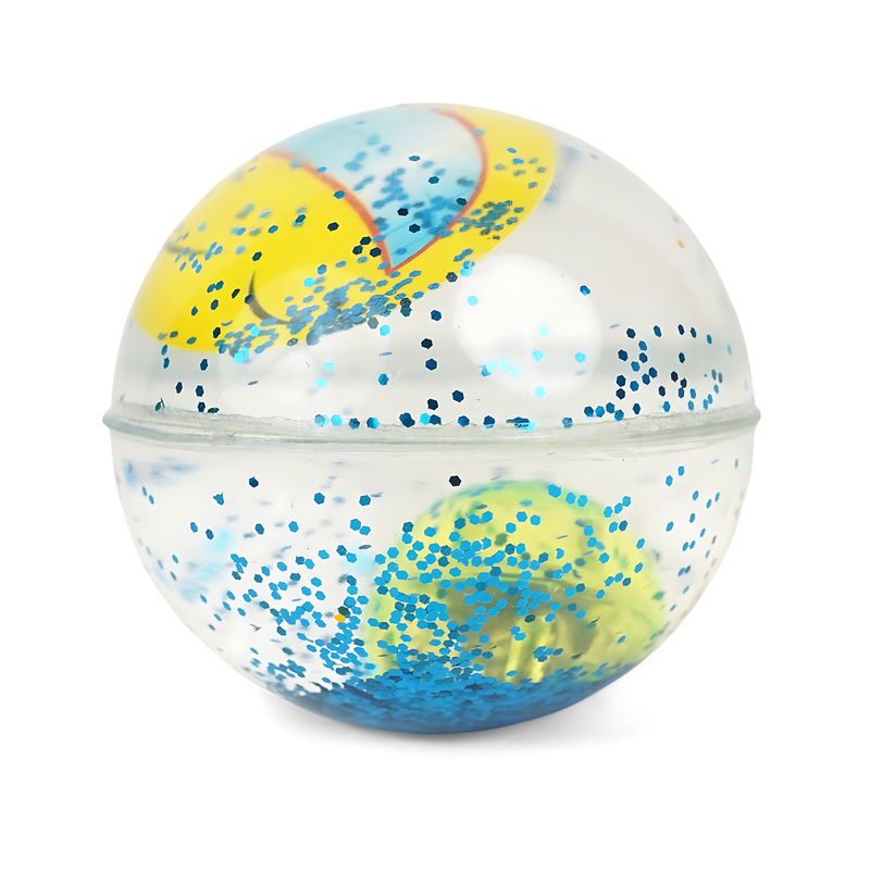 Glitter-Filled Bouncy Ball - Clear Ball with Floating Sparkles and Colourful Inner Design - Various Designs