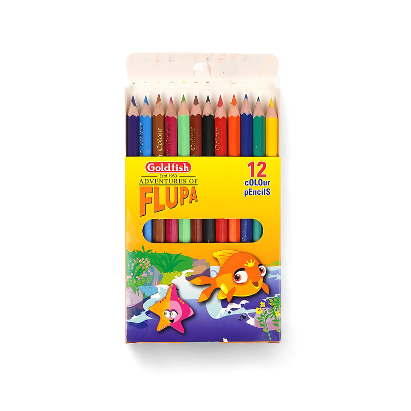 Goldfish Adventures of Flupa 12 Colour Pencils set with vibrant colors in a fun Flupa-themed box.

