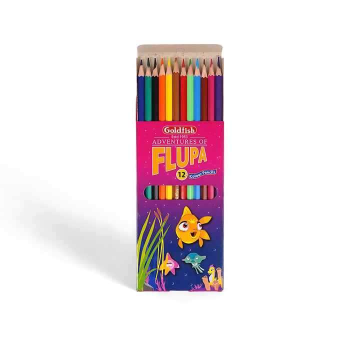 Goldfish Adventures of Flupa 12-piece colour pencil set featuring vibrant colors in playful underwater-themed packaging, perfect for children aged 3+.

