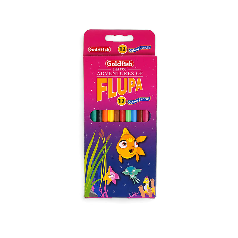 Goldfish Adventures of Flupa 12-piece colour pencil set featuring vibrant colors in playful underwater-themed packaging, perfect for children aged 3+.

