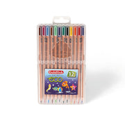 Goldfish Eco-Friendly 12-pack colour pencils in vibrant colors, displayed in a clear plastic case with aquatic-themed packaging for kids and eco-conscious users.

