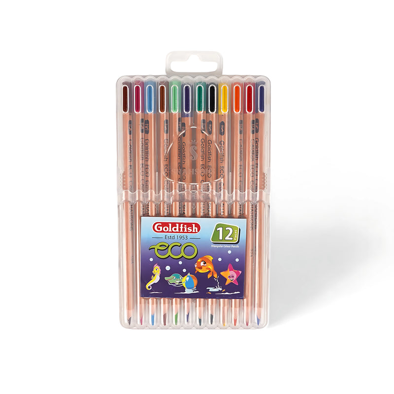 Goldfish Eco-Friendly 12-pack colour pencils in vibrant colors, displayed in a clear plastic case with aquatic-themed packaging for kids and eco-conscious users.

