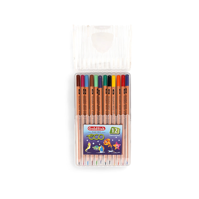 Goldfish Eco-Friendly 12-pack colour pencils in vibrant colors, displayed in a clear plastic case with aquatic-themed packaging for kids and eco-conscious users.

