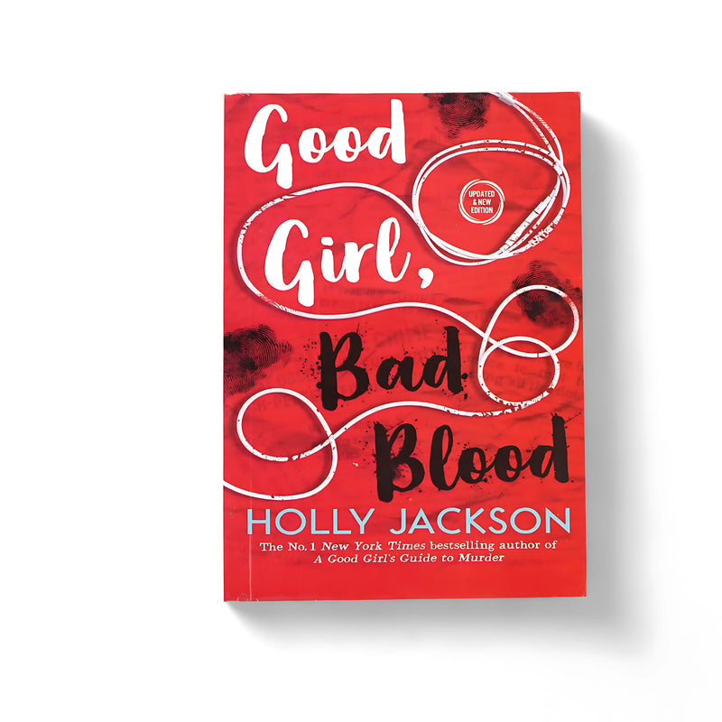 Cover of Good Girl, Bad Blood by Holly Jackson, featuring a red background with swirling white and black typography, fingerprints, and design elements suggesting suspense and investigation.






