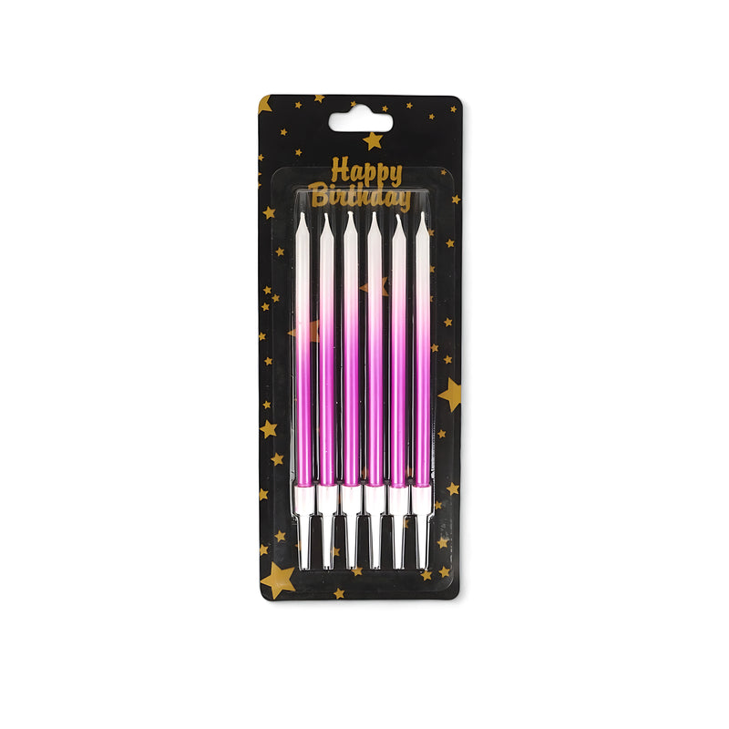 Pack of 6 gradient pink birthday candles transitioning from pink to white, with a tall and slim design, perfect for adding elegance to celebration cakes.

