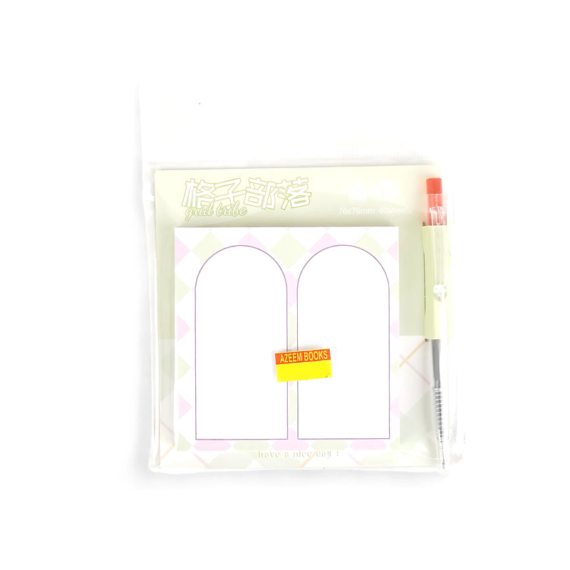 Grid Tribe Memo Pad featuring arched window designs and pastel themes with a matching pen, packaged in transparent plastic for convenient use.

