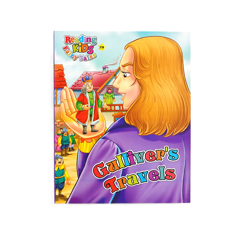 Illustrated cover of Gulliver’s Travels from the Reading Kids Fairy Tales series, featuring Gulliver standing in the hand of a giant amidst a vibrant, whimsical setting.

