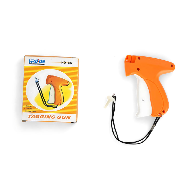 H-RODE HD-8S Tagging Gun in orange and white with ergonomic grip, wrist lanyard, and stainless-steel needle, shown with packaging.

