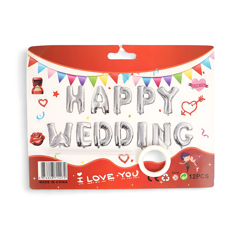 "HAPPY WEDDING" Silver Foil Balloon Set – Elegant Wedding Party Decoration