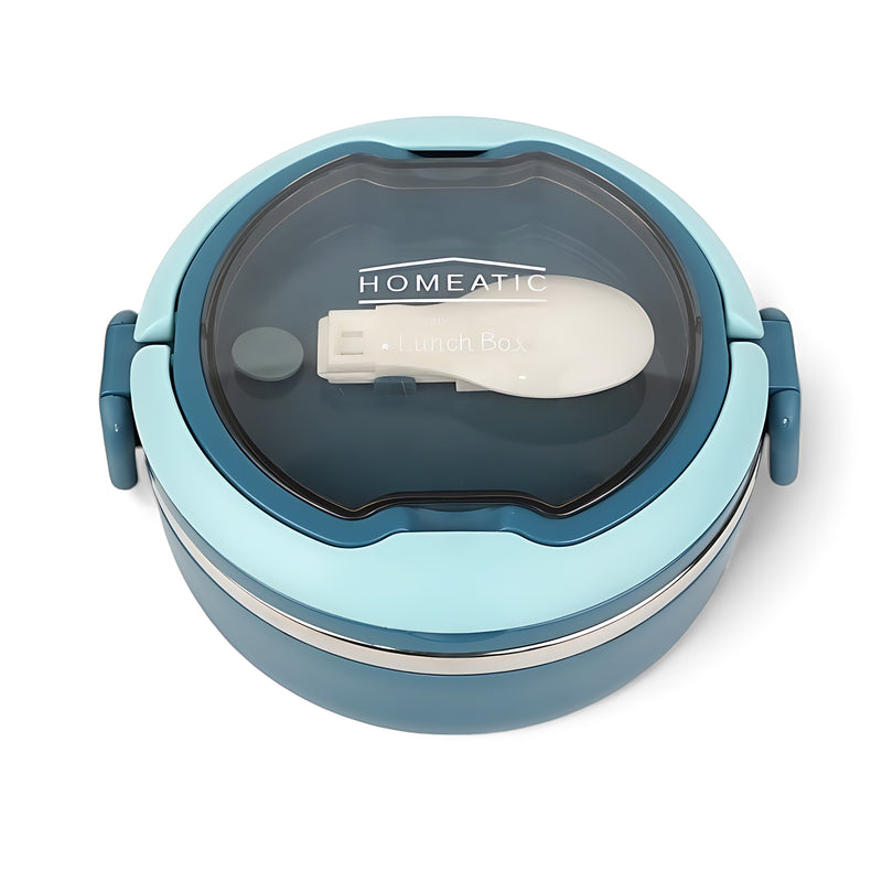 HOMEATIC stainless steel lunch box in elegant blue with secure latches, transparent lid, and built-in spoon storage for school, office, and travel meals.  pic 2